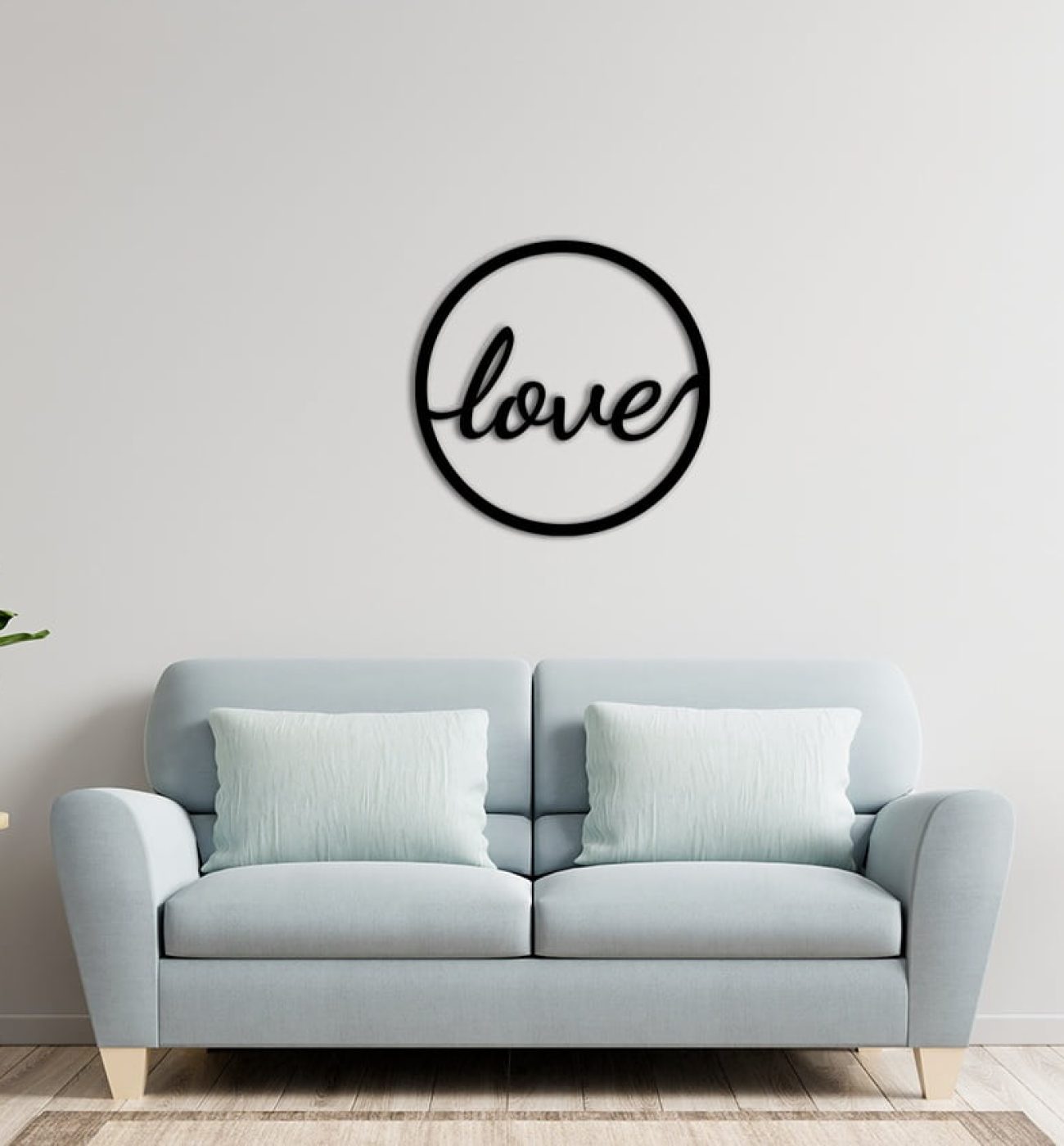 White wall living room have sofa and decoration. Sieninė dekoracija "LOVE"