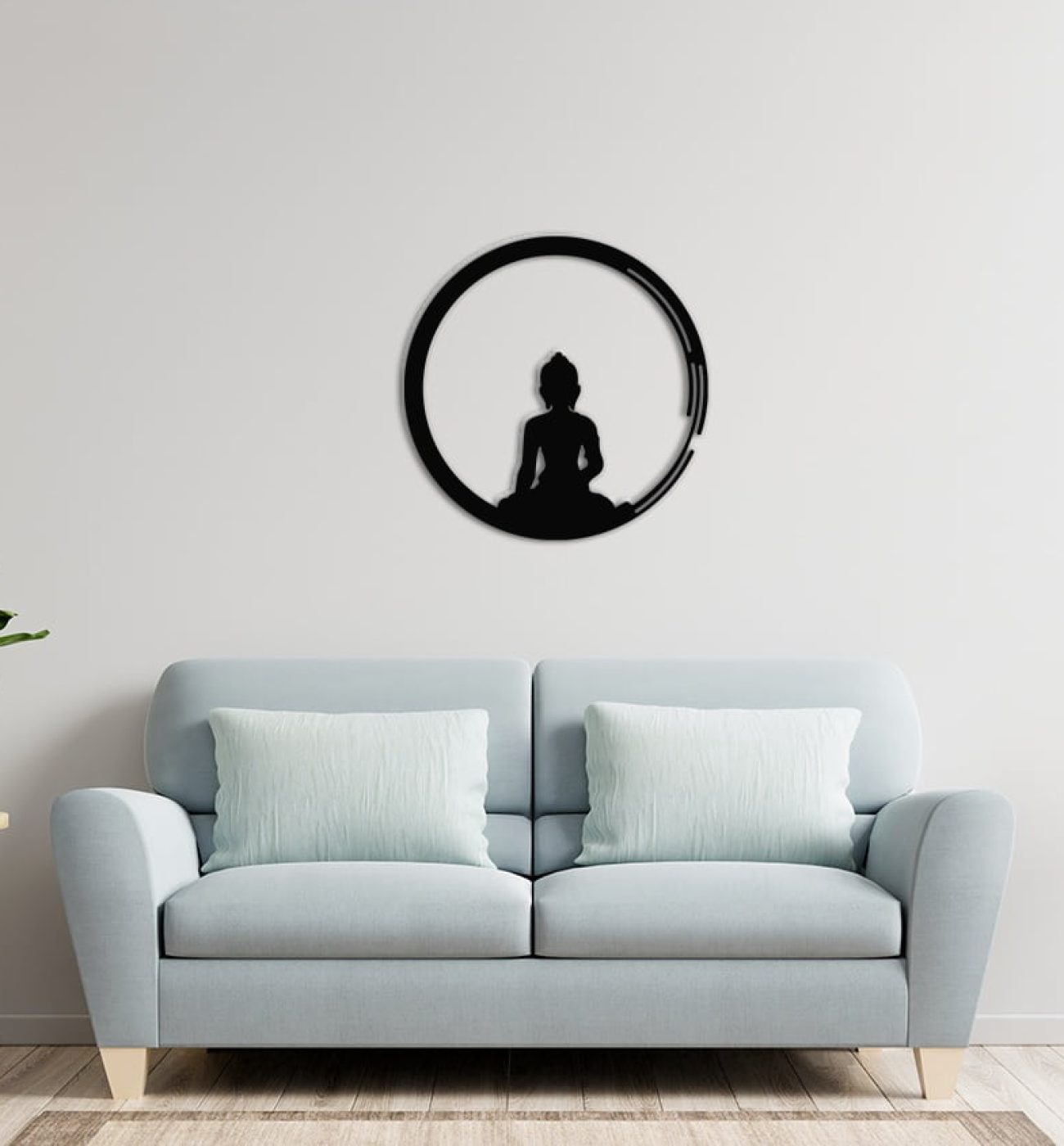 White wall living room have sofa and decoration. Sieninė dekoracija "MEDITACIJA"