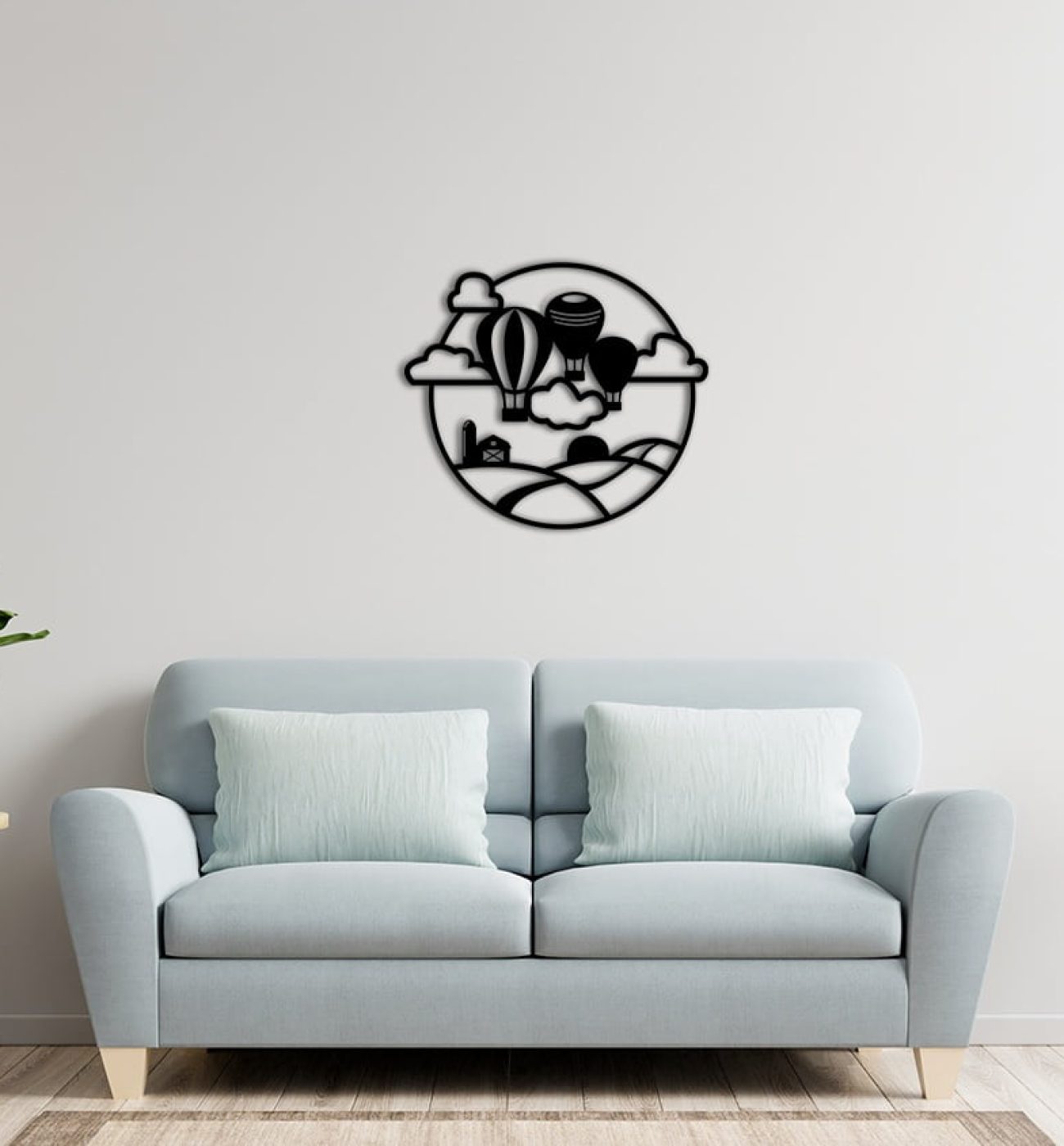 White wall living room have sofa and decoration. Sieninė dekoracija "ORO BALIONAI"