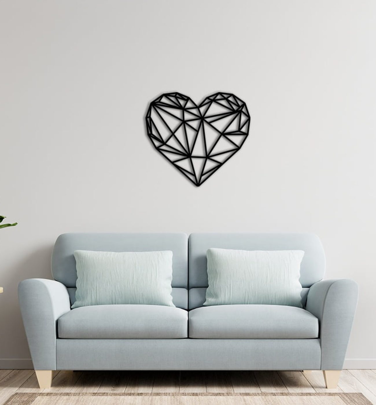 White wall living room have sofa and decoration. Sieninė dekoracija "ŠIRDIS"
