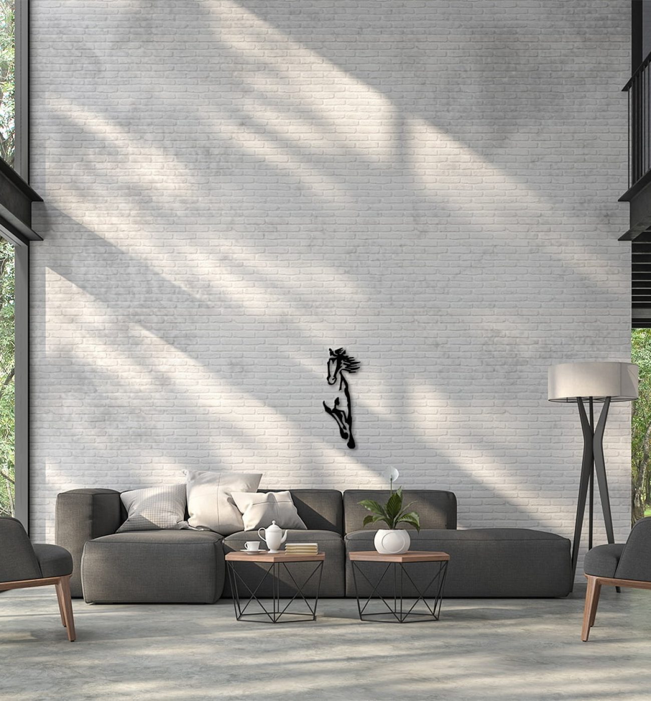 High,Ceiling,Loft,Living,Room,3d,Render.there,Are,White,Brick Sieninė dekoracija "ŽIRGAS"