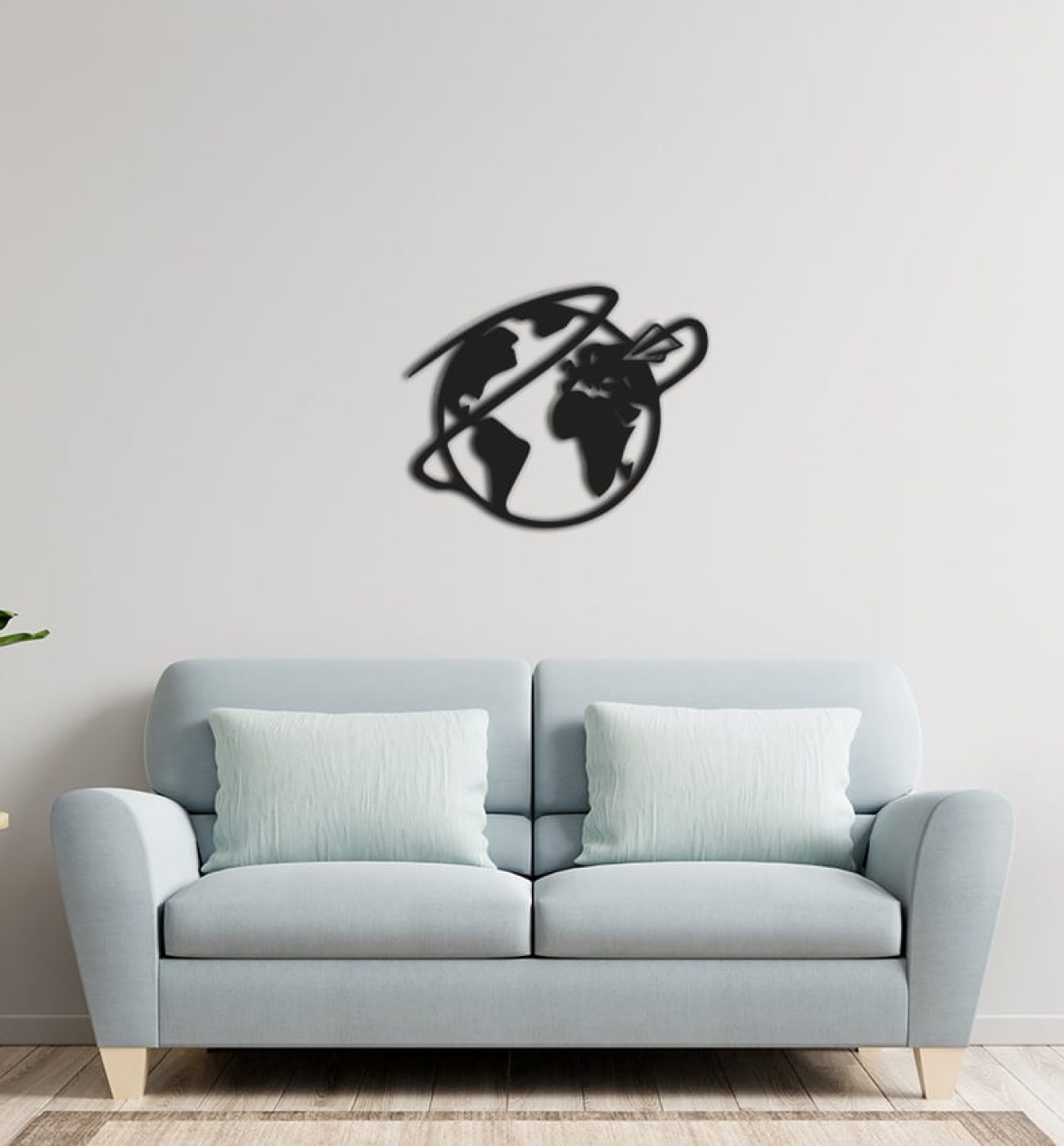 White wall living room have sofa and decoration. Sieninė dekoracija "APLINK PASAULĮ"